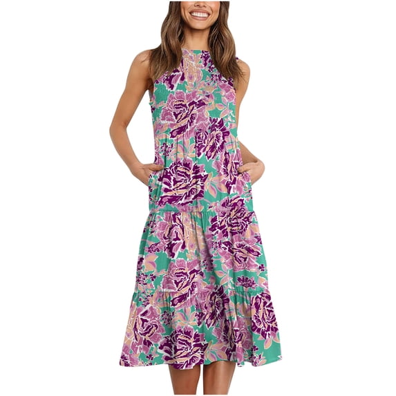 USSUMA Sundresses for Women Casual Summer Women's Bohemian Smocked Flowy Sundress Summer Floral Print Sleeveless Ruffle Tiered Beach Long Midi Dress