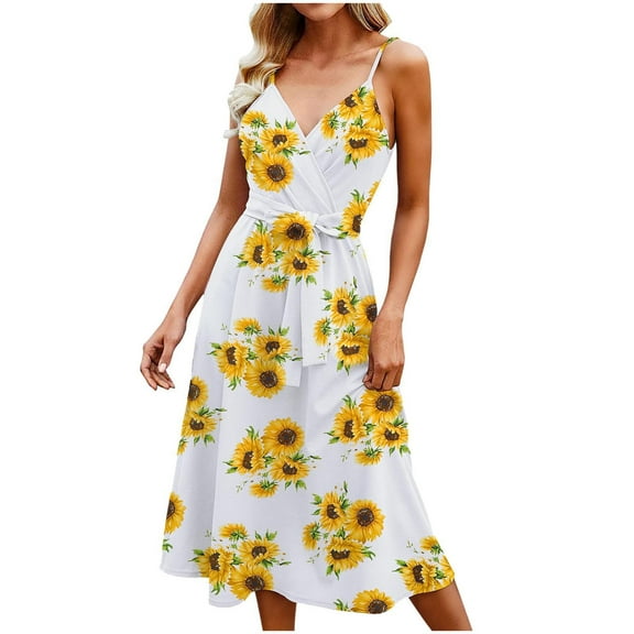 USSUMA Sundresses for Women Plus Size Summer Dresses for Women Beach Sunflower Tshirt Sundress Sleeveless Casual Loose Short Mini Tank Dress