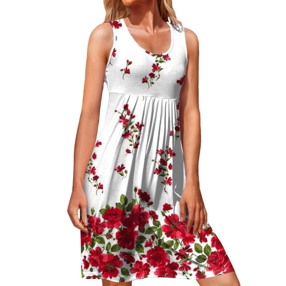 USSUMA Sundresses for Women Plus Size Womens Summer Casual Sleeveless Mini Floral Printed Vest Dresses Beach Tshirt Sundress Loose Tank Dress
