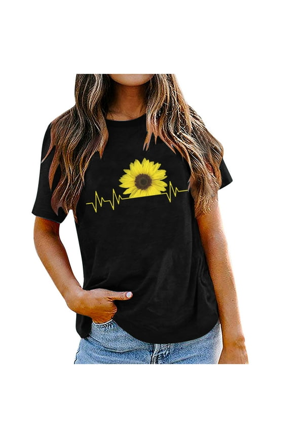 USSUMA Sunflower Print T-Shirts for Women Trendy Funny Teens Cute Graphic Women's Shirts and Blouses Short Sleeve Women Tops Dressy Casual Summer Round Neck Plus Tunics Beach