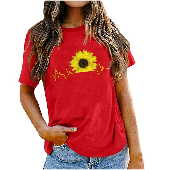 USSUMA Sunflower Print T-Shirts for Women Trendy Funny Teens Cute Graphic Women's Shirts and Blouses Short Sleeve Women Tops Dressy Casual Summer Round Neck Plus Tunics Beach