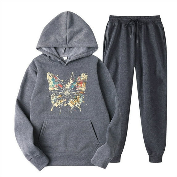 USSUMA Sweat Outfits for Women 2 Pieces Women’s Hoodie Long Sleeved Pullover Sweatpant Outfits Pocket Drawstring Print Tracksuit Elastic Waist Fashion Jogger Sets Loose Running Fall Suit