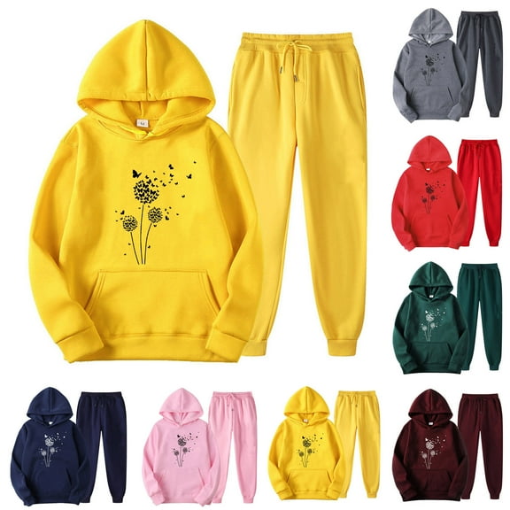USSUMA Sweat Pants Set for Womens 2 Piece Woman Hoodie Long Sleeved Pullover Sweatpant Outfits Pocket Drawstring Print Tracksuit Elastic Waist Fashion Jogger Sets Oversized Sport Fall Suit
