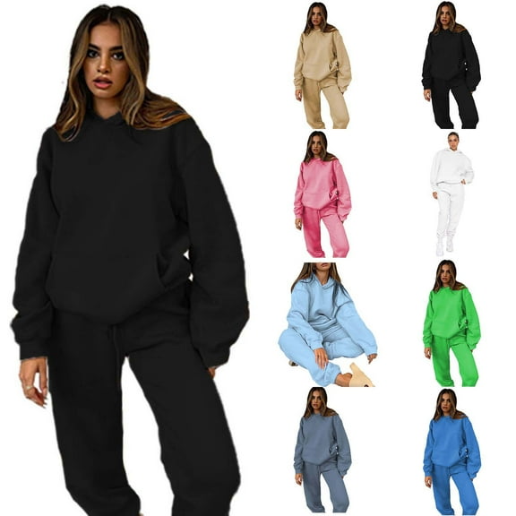 USSUMA Sweat Suit for Women 2 Piece Set Woman Hoodie Long Sleeved Pullover Sweatpant Outfits Solid Tracksuit Stretchy Waist Casual Jogger Sets Oversized Work Fall Suit