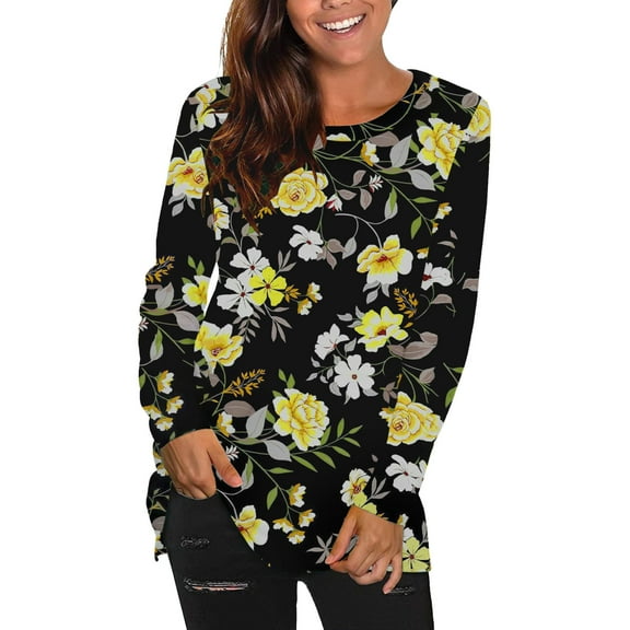 USSUMA Sweatshirt For Women Cute - Womens Tunic Tops Linen Sunflower Color Block Printing Tshirt Scoop Neck Long Sleeve Ladies Autumn Tunics Tees Classic Comfy Elegant Blouse
