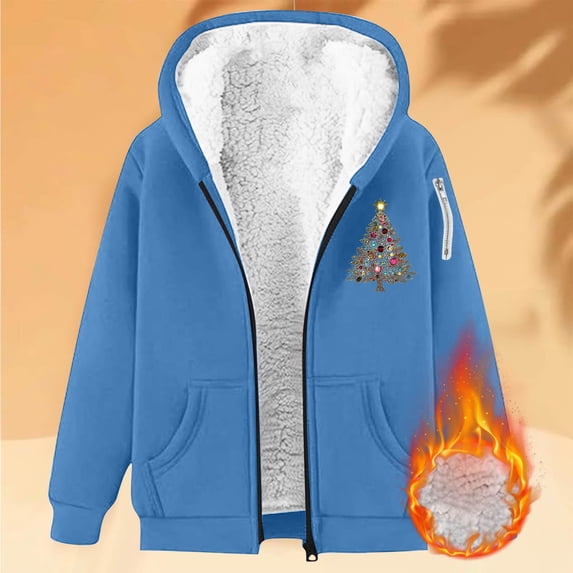 USSUMA Sweatshirts for Women Christmas Hoodie Women Long Sleeved Full Zipper Pocket Jacket Print Thick Plus Size Outerwear Lady Festival Fall Winter Top Blue