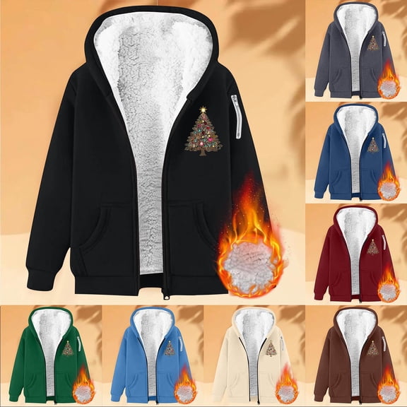 USSUMA Sweatshirts for Women Christmas Womans Hoodie Long Sleeved Full Zipper Pocket Jacket Print Thick Loose Outerwear Ladies Going out Fall Winter Top Black