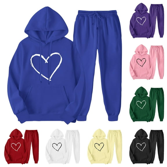 USSUMA Sweatsuit Set for Women Woman Hoodies Long Sleeved Pullover Sweatpant Outfits Pocket Drawstring Print Tracksuit Stretchy Waist Casual Jogger Sets Oversized Vacation Fall Suit