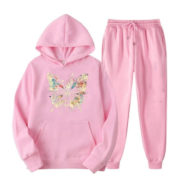 USSUMA Sweatsuit Women Womens Hoodie Sweatshirt Long Sleeved Pullover Sweatpant Outfits Pocket Drawstring Print Tracksuit Elastic Waist Trendy Jogger Sets Plus Size Weekend Fall Suit
