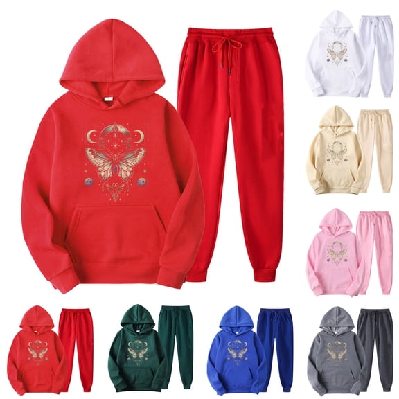 USSUMA Sweatsuits for Women Sweatshirt Women Long Sleeved Pullover Sweatpant Outfits Pocket Drawstring Print Tracksuit Elastic Waist Trendy Jogger Sets Loose Gym Running Fall Suit