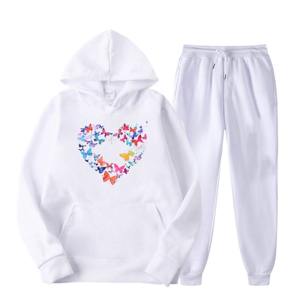 USSUMA Sweatsuits Womens Hoodie Sweatshirt Long Sleeved Pullover Sweatpant Outfits Pocket Drawstring Print Tracksuit Elastic Waist Fashion Jogger Sets Loose Athletic Fall Suit
