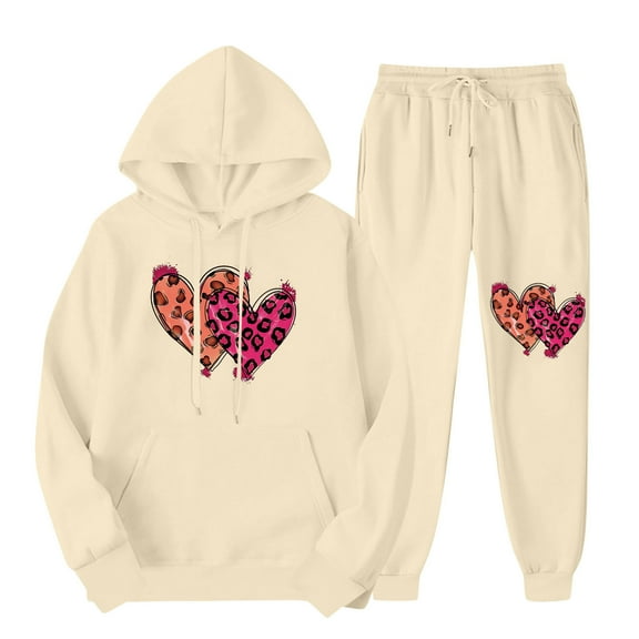 USSUMA Sweatsuits Womens Sweatshirt Hoodie Long Sleeved Pullover Sweatpant Outfits Pocket Drawstring Print Tracksuit Elastic Waist Comfortable Jogger Sets Plus Size Work Fall Suit