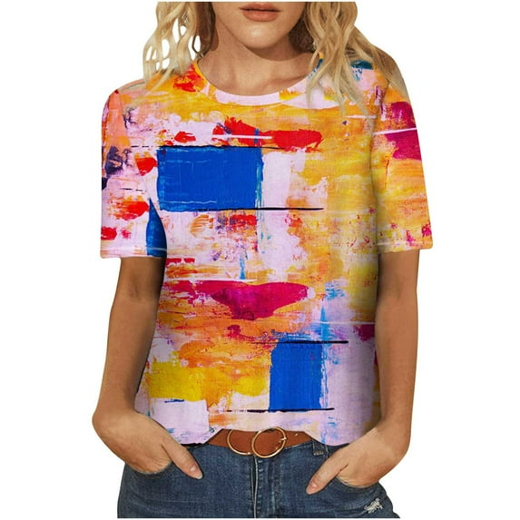 USSUMA T-Shirts for Women Trendy 4th of July Patriotic Women's Shirts and Blouses Short Sleeve Women Tops Dressy Casual Summer Vintage USA American Flag Round Neck Plus Tunics Beach