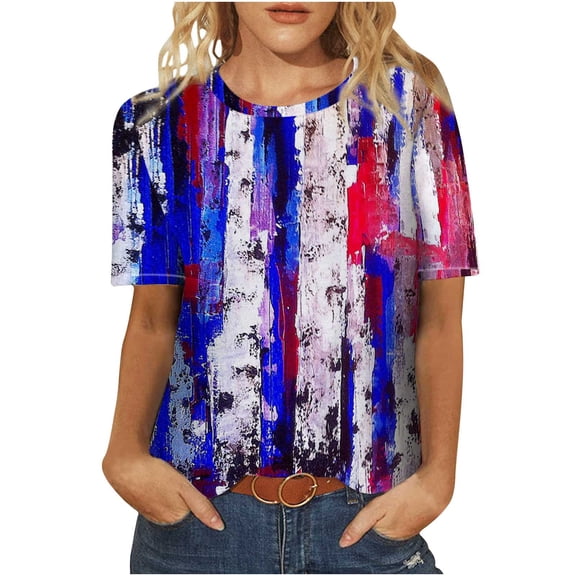 USSUMA T-Shirts for Women Trendy 4th of July Patriotic Women's Shirts and Blouses Short Sleeve Women Tops Dressy Casual Summer Vintage USA American Flag Round Neck Plus Tunics Beach