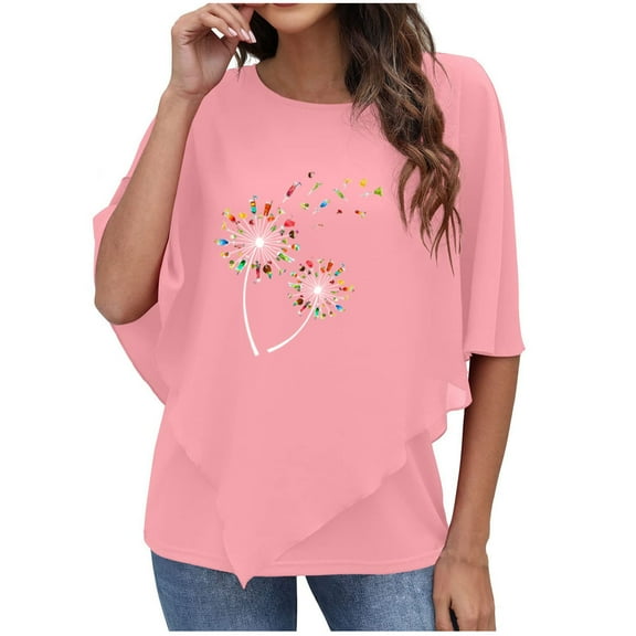 USSUMA T-Shirts for Women Trendy Dandelion Print Flowy Women's Shirts and Blouses 3/4 Sleeve Women Tops Dressy Casual Summer Double-Layered Chiffon Poncho Graphic Round Neck Plus Tunics Beach