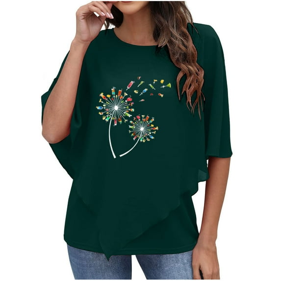USSUMA T-Shirts for Women Trendy Dandelion Print Flowy Women's Shirts and Blouses 3/4 Sleeve Women Tops Dressy Casual Summer Double-Layered Chiffon Poncho Graphic Round Neck Plus Tunics Beach