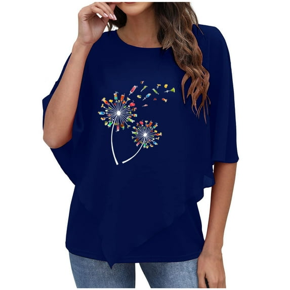 USSUMA T-Shirts for Women Trendy Dandelion Print Flowy Women's Shirts and Blouses 3/4 Sleeve Women Tops Dressy Casual Summer Double-Layered Chiffon Poncho Graphic Round Neck Plus Tunics Beach