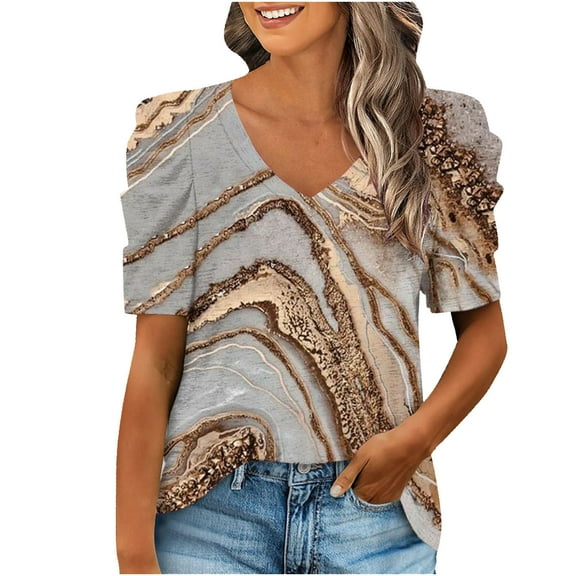 USSUMA T-Shirts for Women Trendy Floral Marble Print Women's Shirts and Blouses Puff Sleeve Female Tops Dressy Casual Summer Ruched Elegant V Neck Plus Tunics Beach