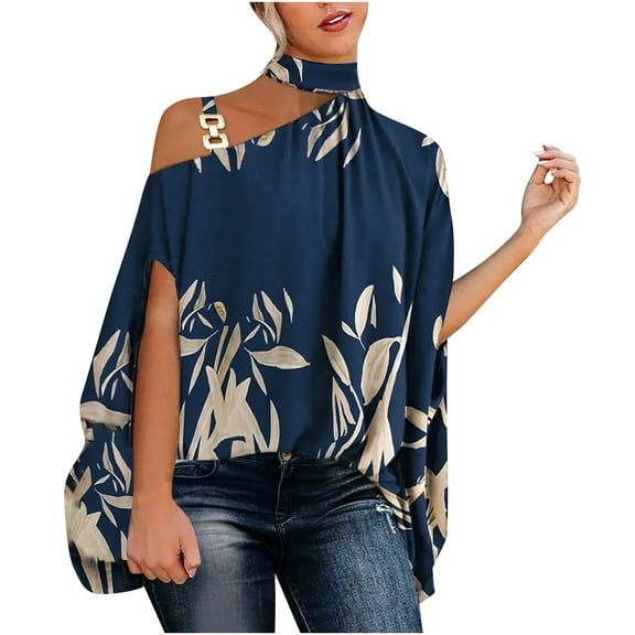 USSUMA T-Shirts for Women Trendy Floral Print Women's Shirts and Blouses Half Batwing Sleeve Female Tops Dressy Casual Summer One Cold Shoulder Loose Fit Halter Neck Plus Tunics Beach