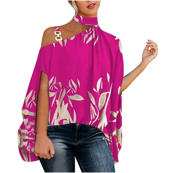 USSUMA T-Shirts for Women Trendy Floral Print Women's Shirts and Blouses Half Batwing Sleeve Female Tops Dressy Casual Summer One Cold Shoulder Loose Fit Halter Neck Plus Tunics Beach