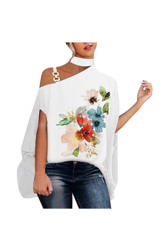 USSUMA T-Shirts for Women Trendy Floral Print Women's Shirts and Blouses Half Batwing Sleeve Female Tops Dressy Casual Summer One Cold Shoulder Loose Fit Halter Neck Plus Tunics Beach