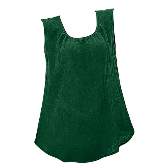 USSUMA T-Shirts for Women Trendy Loose Flowy Solid Cotton Linen Loose Tank Top Womens Blouses and Tops Dressy Casual Summer Round Neck Sleeveless Tshirts Shirts Tunic for women