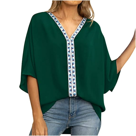 USSUMA T-Shirts for Women Trendy Solid Color Women's Shirts and Blouses Batwing Short Sleeve Female Tops Dressy Casual Summer Oversized Chiffon Boho V Neck Plus Tunics Beach