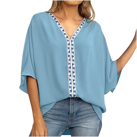 USSUMA T-Shirts for Women Trendy Solid Color Women's Shirts and Blouses Batwing Short Sleeve Female Tops Dressy Casual Summer Oversized Chiffon Boho V Neck Plus Tunics Beach