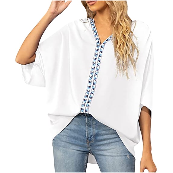 USSUMA T-Shirts for Women Trendy Solid Color Women's Shirts and Blouses Batwing Short Sleeve Female Tops Dressy Casual Summer Oversized Chiffon Boho V Neck Plus Tunics Beach