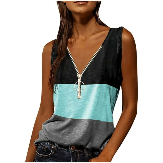 USSUMA T-Shirts for Women Trendy Striped Color Block Zipper Up Workout Tank Tops Womens Blouses and Tops Dressy Casual Summer V Neck Sleeveless Tshirts Shirts Tunic for women