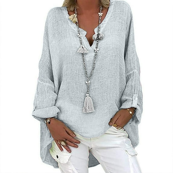 USSUMA T-Shirts for Women Trendy,Summer Women's Linen Cotton Tshirt Tops Vintage Trendy Casual Loose Fit Tunic Tees Long Sleeve Plus Size V Neck Blouses