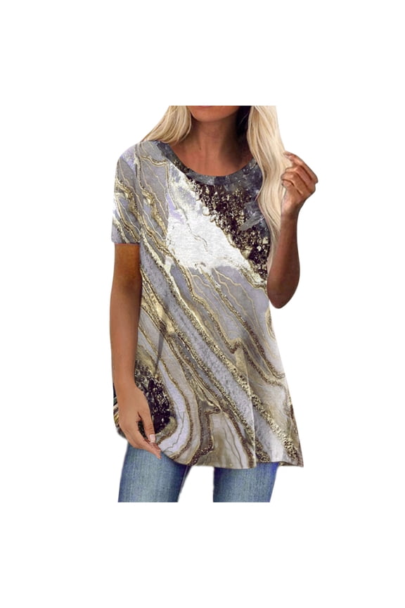 USSUMA T-Shirts for Women Trendy Women's Summer Marble Print Tunic Top Loose Fit Short Sleeve T Shirt Blouses Casual Dressy Swing Shirt Tees Pullover Tops