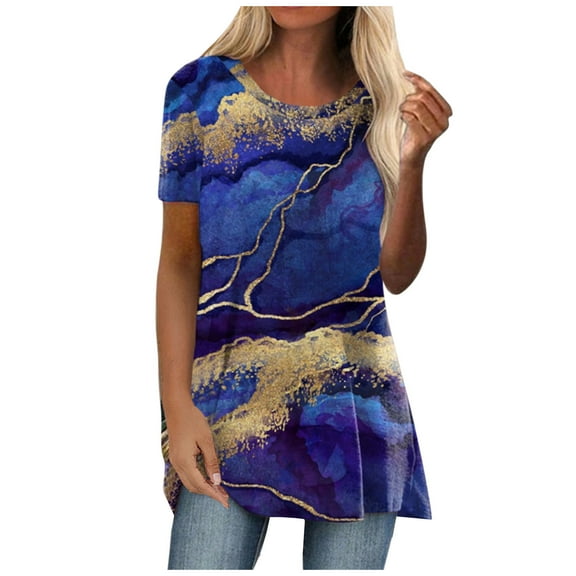 USSUMA T-Shirts for Women Trendy Women's Summer Marble Print Tunic Top Loose Fit Short Sleeve T Shirt Blouses Casual Dressy Swing Shirt Tees Pullover Tops