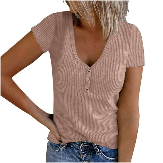 USSUMA T-Shirts for Women Trendy Short Sleeve Ribbed Tops for Women Basic Knit Shirts Button Up V Neck Casual Summer Solid Color Tshirt Blouses