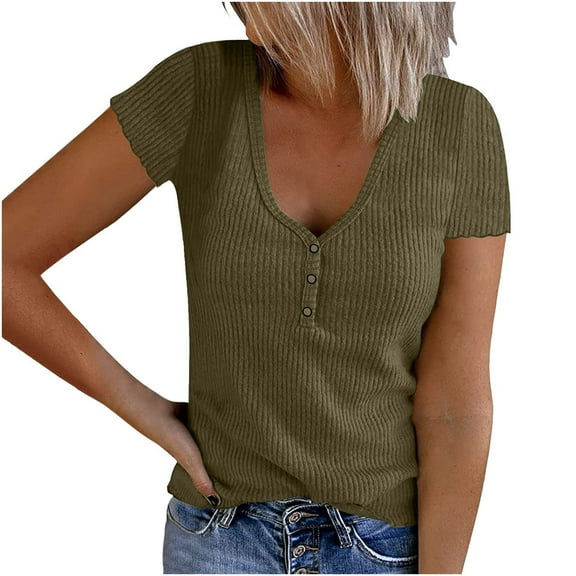 USSUMA T-Shirts for Women Trendy Short Sleeve Ribbed Tops for Women Basic Knit Shirts Button Up V Neck Casual Summer Solid Color Tshirt Blouses