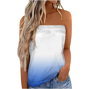 USSUMA T-Shirts for Women Trendy,Women's Tube Tops Gradient Bandeau Ombre Strapless Shirt Sleeveless Backless Tanks Blouse
