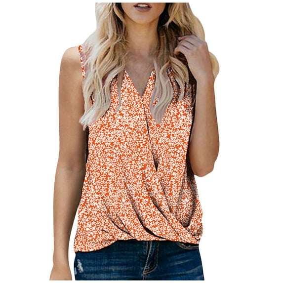 USSUMA T-Shirts for Women Trendy Women's V Neck Sleeveless Tank Tops Drape Wrap Front Pleated Casual Cami Tops Floral Print Tee Shirts