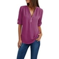 thumbnail image 1 of USSUMA T-Shirts for Women Trendy,Womens V Neck Casual Blouse Roll-up Sleeve T-Shirts Sexy Chiffon Zipper Up Tunics Tops Plus Size, 1 of 8