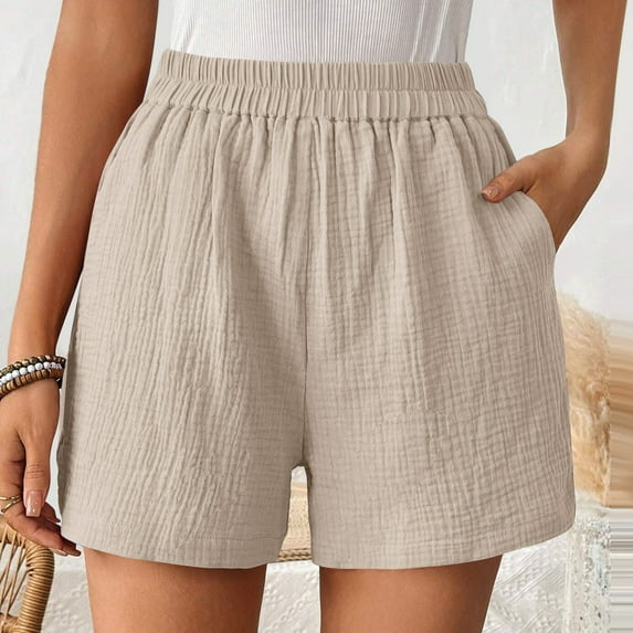USSUMA Tax Free Weekend Womens Shorts Casual Solid Color Chino Elastic Band Ribbed High Waist Wide Leg Leisure with Pocket BreAthable Shorts Relaxed Fit Womens Shorts for Clubs Beige Xl