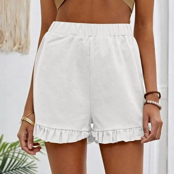 USSUMA Tax Free Weekend Workout Shorts Women Solid Color Elastic Band Loose Ruffle Hem Casual High Waist Loose Flowy Shrots Wide Legs Athletic Fit Flowy Shorts for School White M