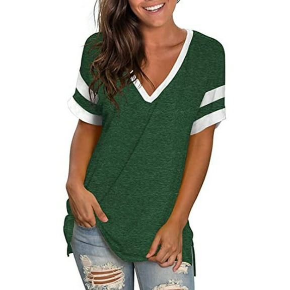 USSUMA Tops for Women Trendy Fashion Womens Stripe Splicing T-Shirts V-Neck Casual Short Sleeves Casual Tops Vintage Tax Free Weekend Green Polyester S