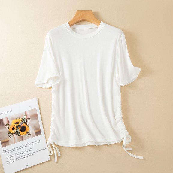 USSUMA Tops for Women Trendy Women'S Solid Round Neck Threaded Cotton Slim Fitting Drawstring Top Short Sleeved Round Neck Top/Shirt Elegant Comfortable White XXl