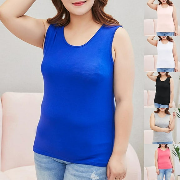 USSUMA Tops for Women Trendy Women's Tank Tops Sleeveless Round Neck Camisole Cold Shoulder Solid Color Plus Size Tops for Women Elastic Retro Blouse Tshirt Outdoor Black Modal Tank Top Xxl
