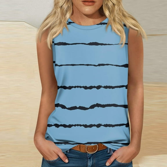 USSUMA Tops for Women Trendy Women's Tank Tops Sleeveless Round Neck Loose Fit Casual Printed Elegant Blouse Fashion Tshirt Date Light Blue Polyester Up to 50% off Tank Top for Women L