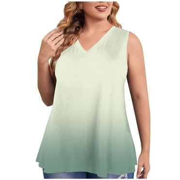 USSUMA Tops for Women Trendy Women's Tank Tops Sleeveless V Neck Loose Plus Size Tops for Women Printed Gradient Retro Blouse Fashion Tops Office Green Reduced Price Tank Top for Women Xxxl