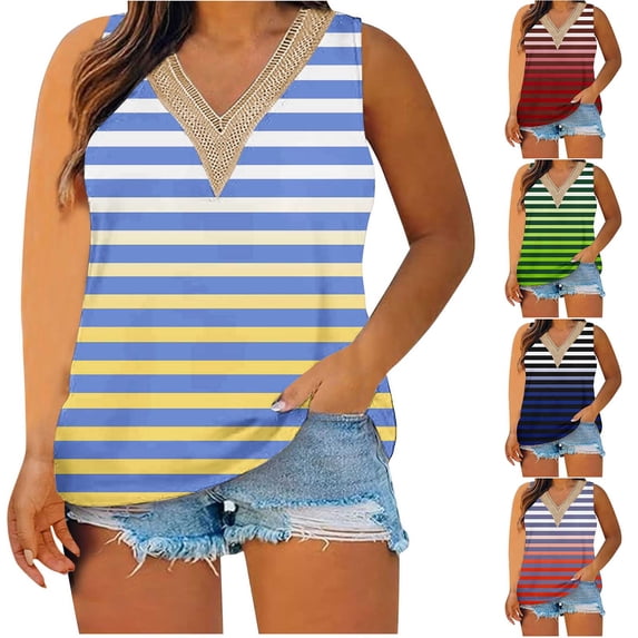 USSUMA Tops for Women Trendy Women's Tank Tops Sleeveless V Neck Loose Casual Plus Size Tops for Women Lace Tunic Gradient Leisure Tops Breathable Blouse Gym Light Blue today Discount Tank Top L