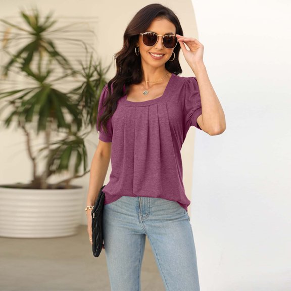 USSUMA Tops for Women Trendy Women's Tops Loose And Comfortable Leisure Short Sleeve Fashion Tops Fold T-shirt Casual Tax Free Weekend Purple Polyester M