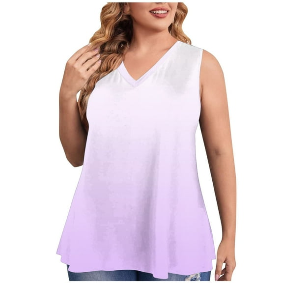 USSUMA Tops for Women Trendy Womens Tank Tops Sleeveless V Neck Loose Plus Size Tops for Women Printed Gradient Lounging Tshirt Lightweight Tshirt Office Purple 50% off Clear Tank Top Xxxxl