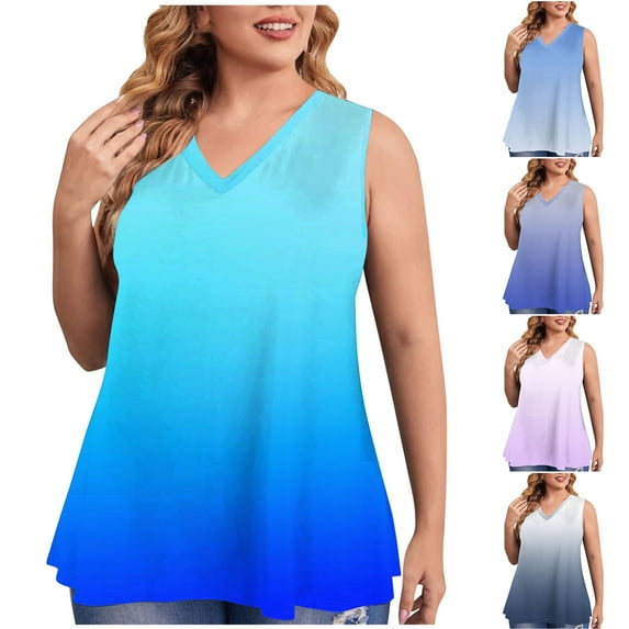 USSUMA Tops for Women Trendy Womens Tank Tops Sleeveless V Neck Loose Plus Size Tops for Women Printed Gradient Leisure Blouse Lightweight Tops Outdoor Blue Online Shopping Tank Top for Women L