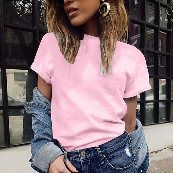 USSUMA Tops for Women Trendy Fashion Casual Women Short Sleeve Tops Ladies Tee T-Shirt Casual Festival Gift Pink Polyester XXL